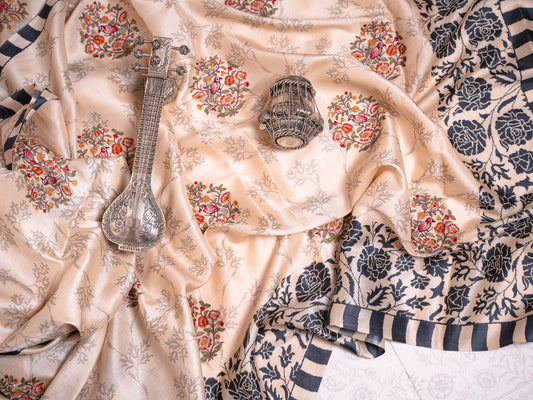 Beige Silk Saree with Black Rose Embroidery