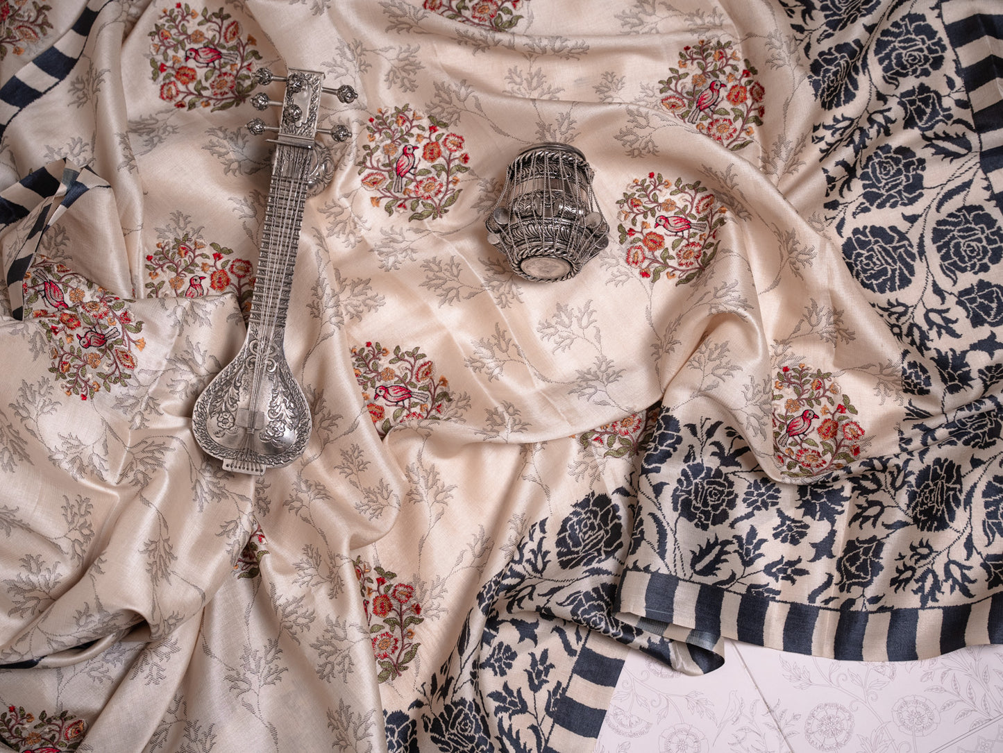 Beige Silk Saree with Black Rose Embroidery