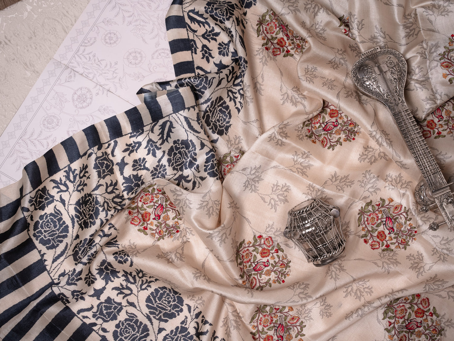 Beige Silk Saree with Black Rose Embroidery