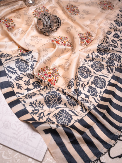 Beige Silk Saree with Black Rose Embroidery