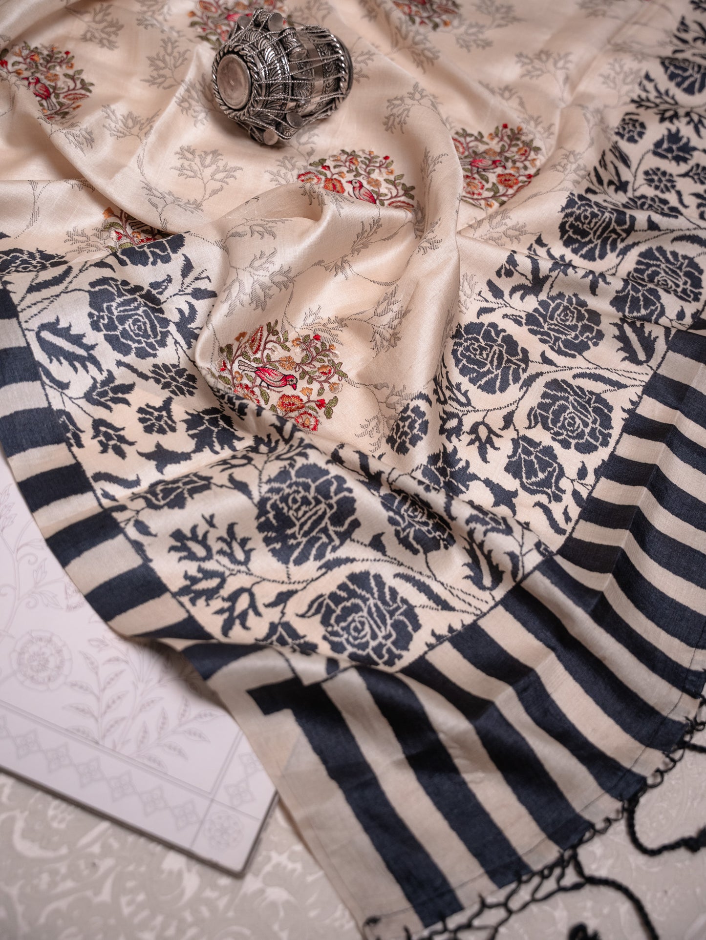 Beige Silk Saree with Black Rose Embroidery