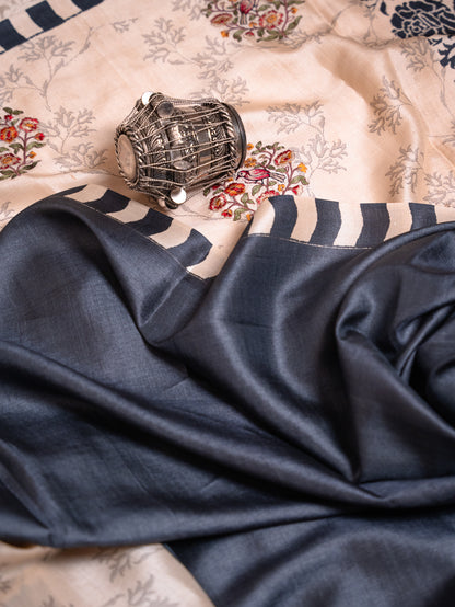 Beige Silk Saree with Black Rose Embroidery
