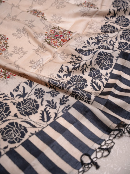 Beige Silk Saree with Black Rose Embroidery