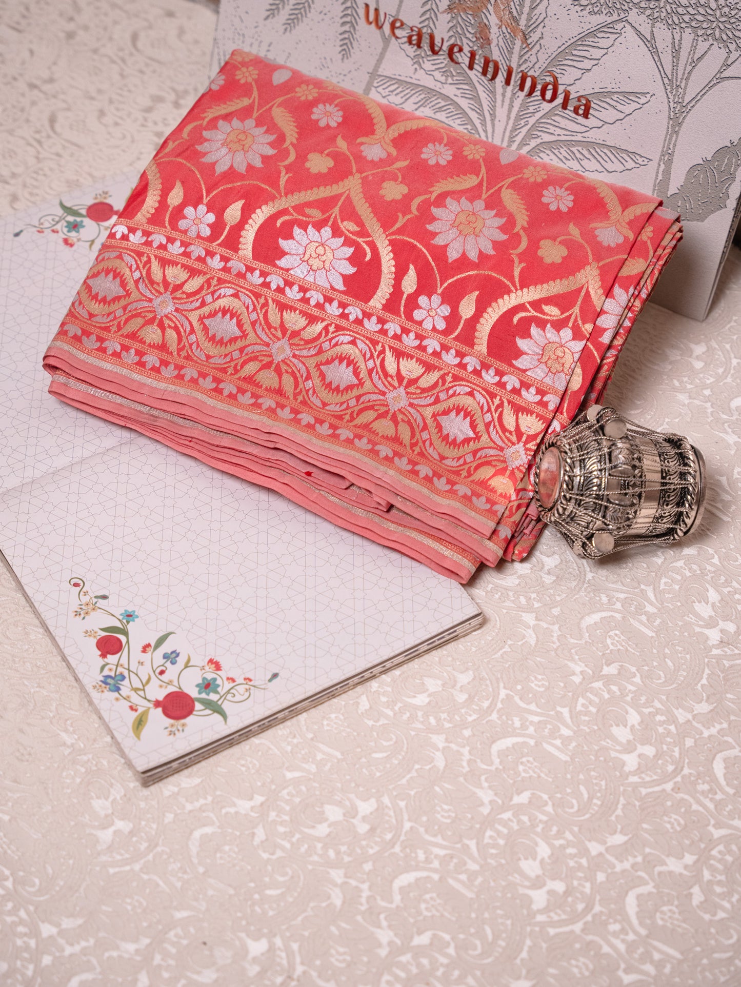 Coral Red Silk Jamdani Saree