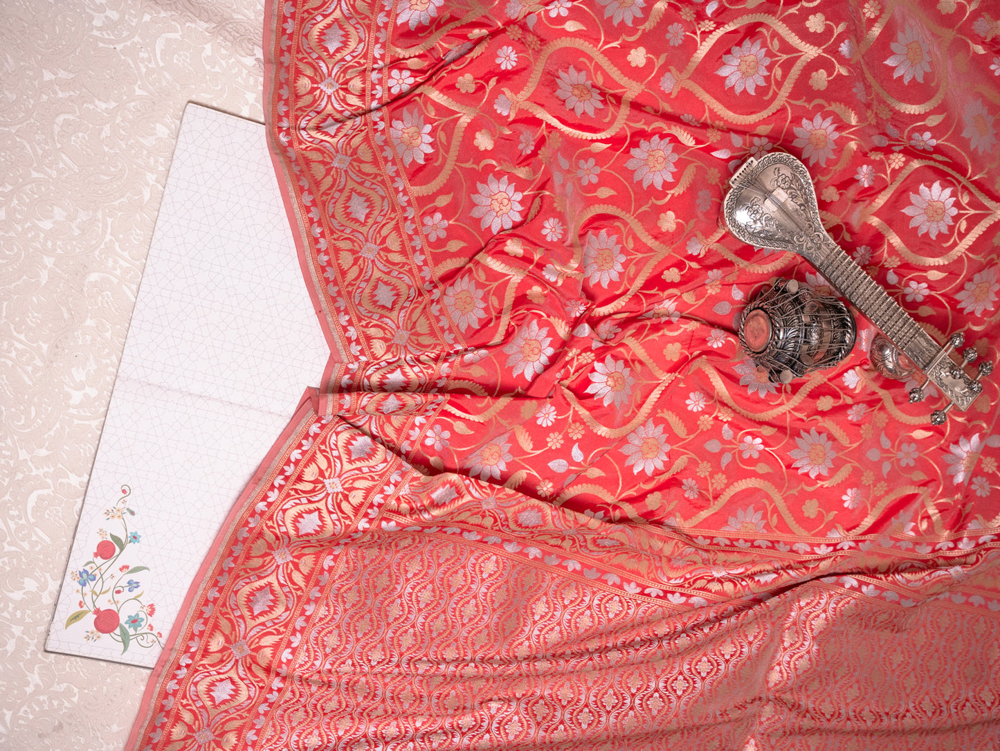 Coral Red Silk Jamdani Saree