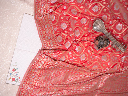 Coral Red Silk Jamdani Saree