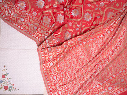 Coral Red Silk Jamdani Saree