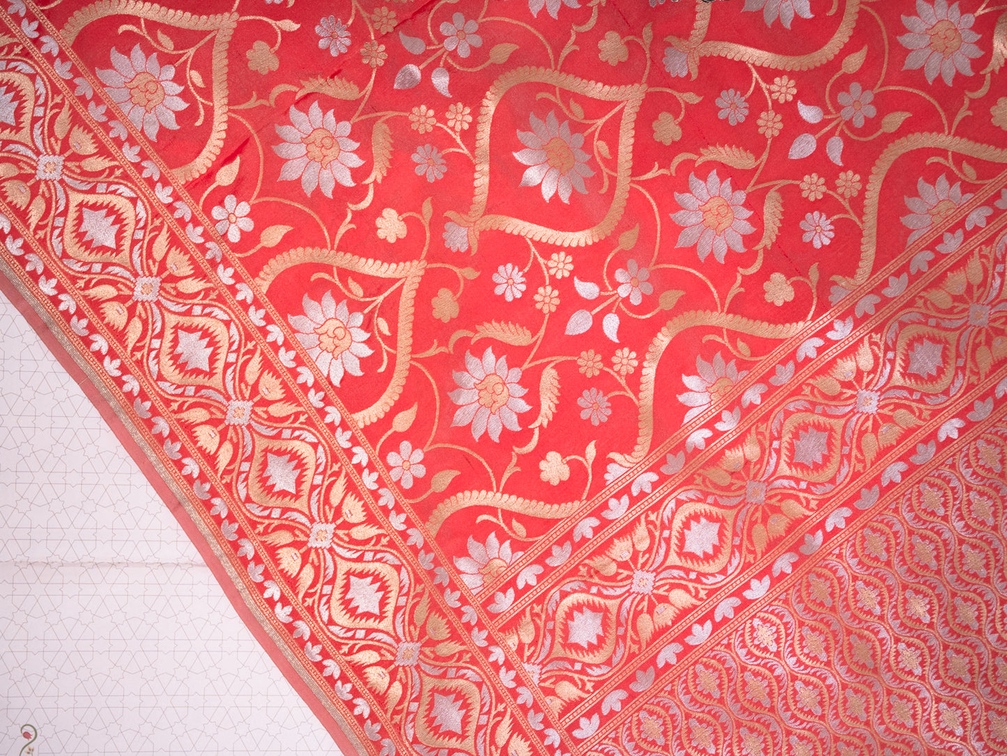 Coral Red Silk Jamdani Saree
