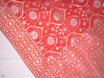 Coral Red Silk Jamdani Saree