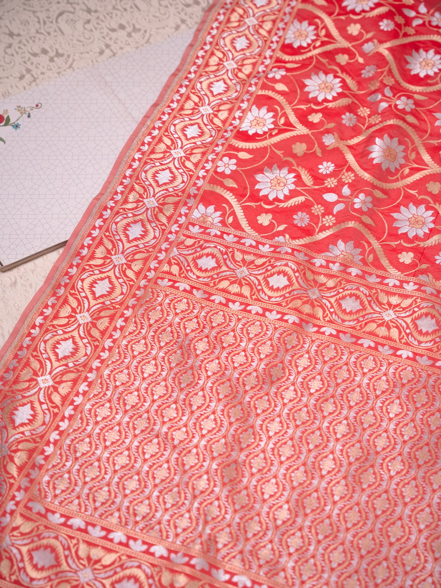 Coral Red Silk Jamdani Saree
