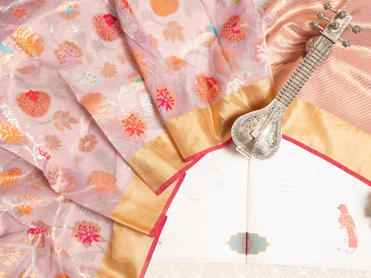 Onion Pink Tissue Kota Saree with Gold Zari Border