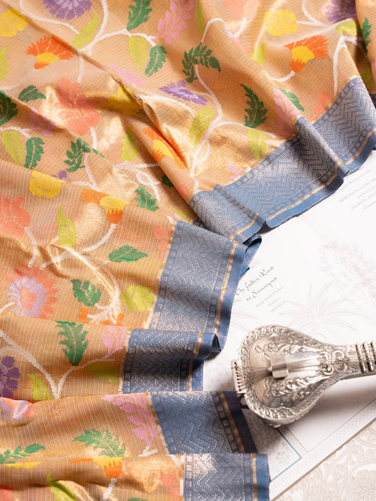 Gold Tissue Kota Saree with Multicolour Florals & Blue Border