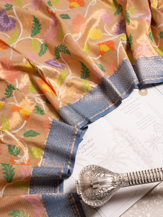 Gold Tissue Kota Saree with Multicolour Florals & Blue Border
