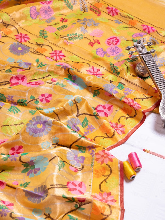 A Bloom in gold Zari Tissue Kota Saree with allover Paithani