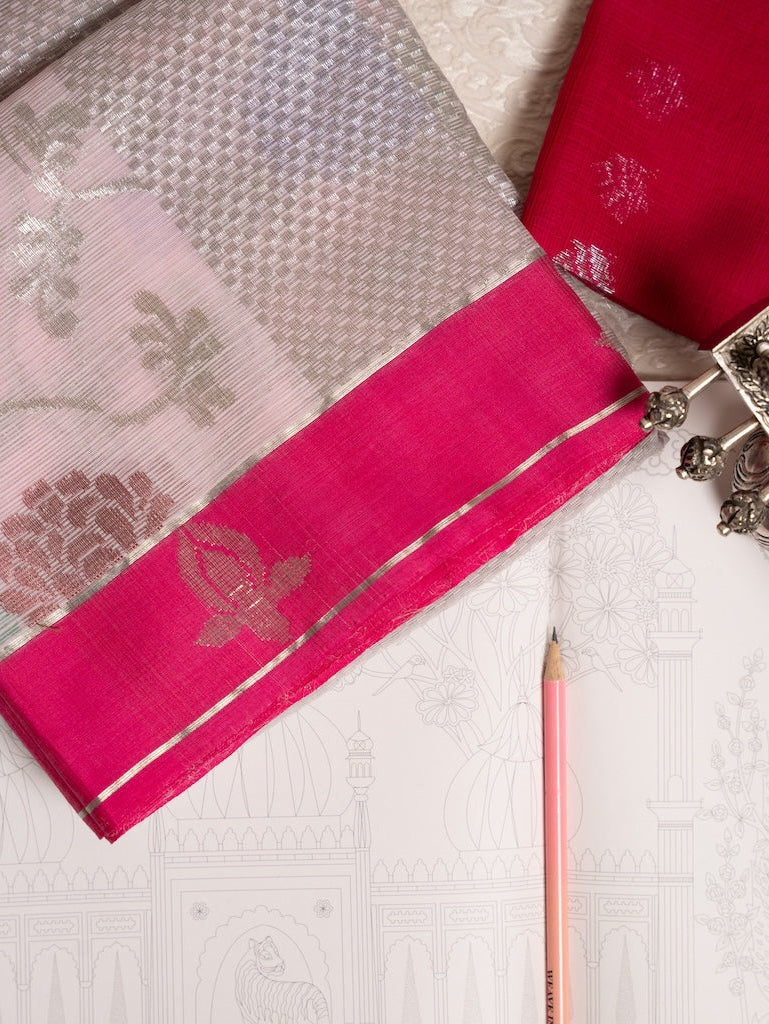 Soft Pink Tissue Kota Saree with Silver Zari and Multicolour Butis