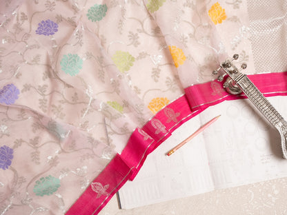 Soft Pink Tissue Kota Saree with Silver Zari and Multicolour Butis