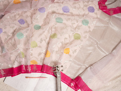 Soft Pink Tissue Kota Saree with Silver Zari and Multicolour Butis