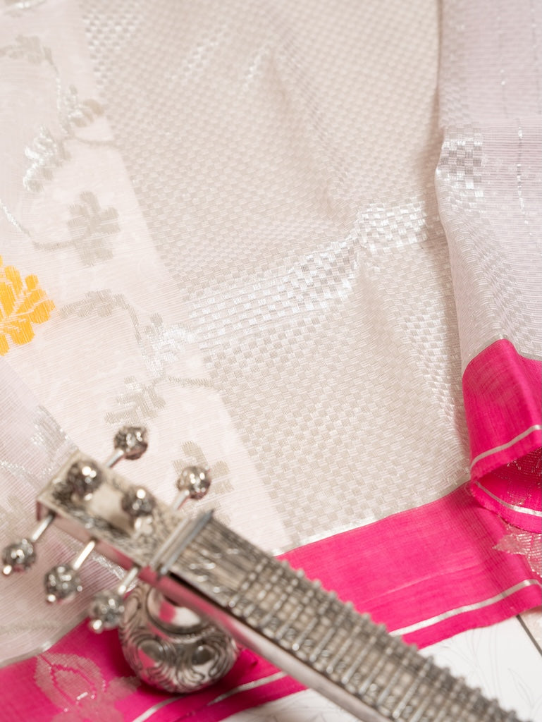 Soft Pink Tissue Kota Saree with Silver Zari and Multicolour Butis