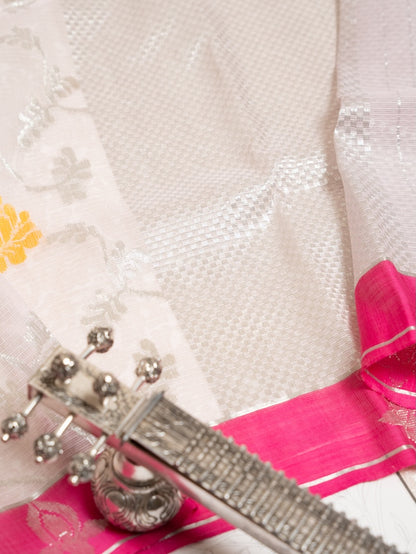 Soft Pink Tissue Kota Saree with Silver Zari and Multicolour Butis