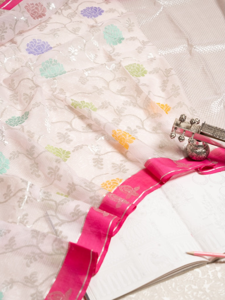 Soft Pink Tissue Kota Saree with Silver Zari and Multicolour Butis