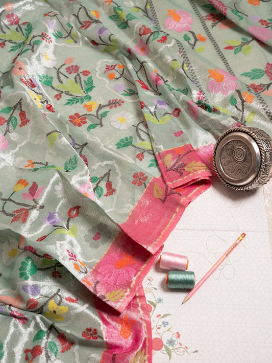 Ferossi Green Double Kota Saree with allover Paithani