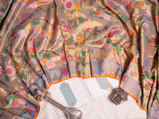 Mauve Gold Tissue Kota Saree with Grey Orange Border