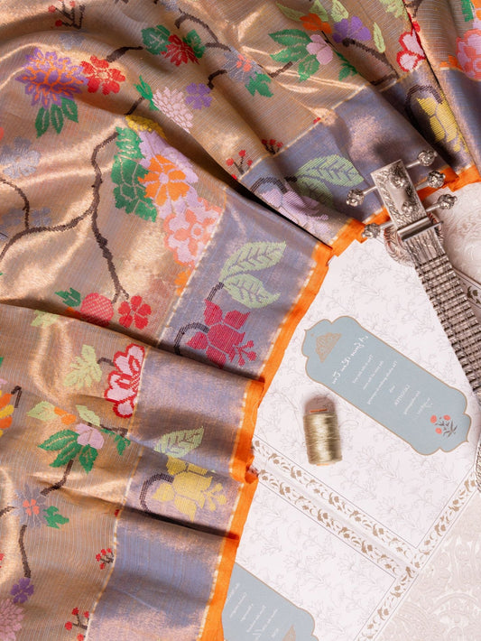 Mauve Gold Tissue Kota Saree with Grey Orange Border