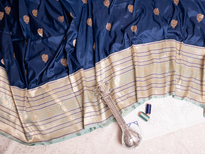 Teal Blue Banarasi Silk Saree with Beige Border