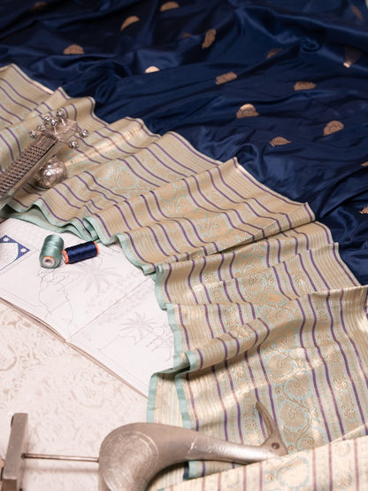 Teal Blue Banarasi Silk Saree with Beige Border