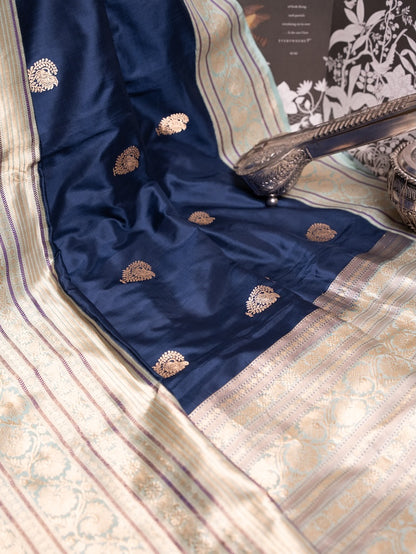 Teal Blue Banarasi Silk Saree with Beige Border