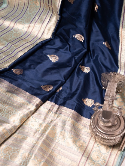 Teal Blue Banarasi Silk Saree with Beige Border