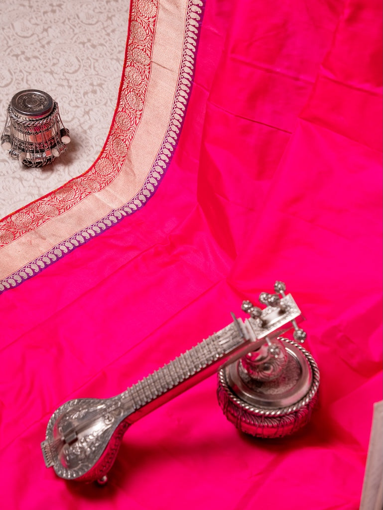 Rani Pink Banarasi Silk with Orange Sona Booti Blouse