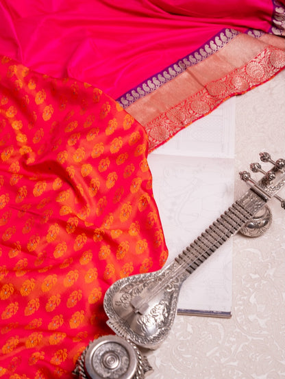 Rani Pink Banarasi Silk with Orange Sona Booti Blouse