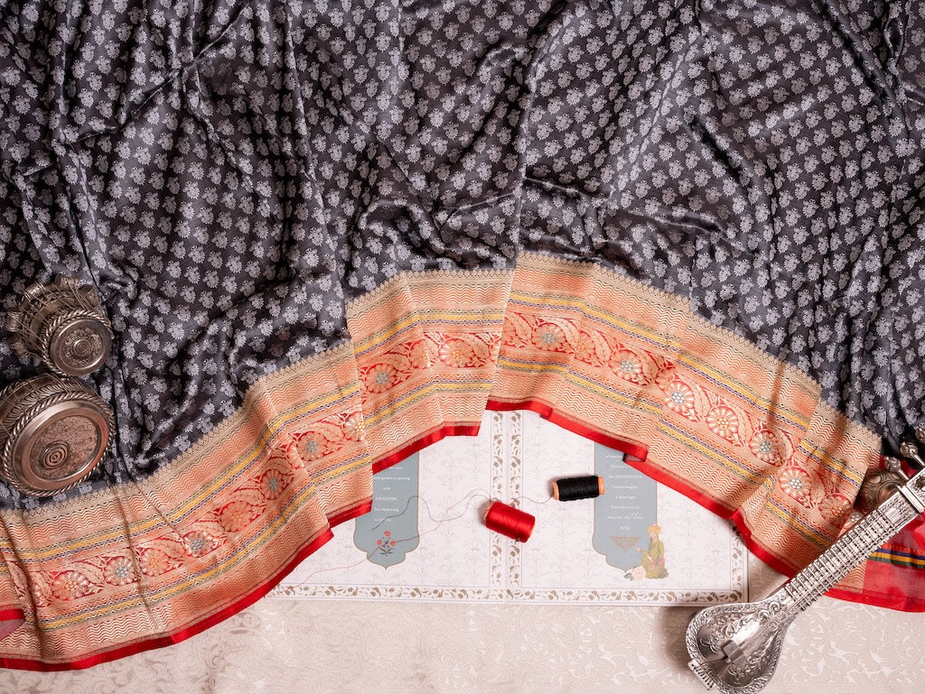 Black Banarasi Silk Saree with multicolour Border