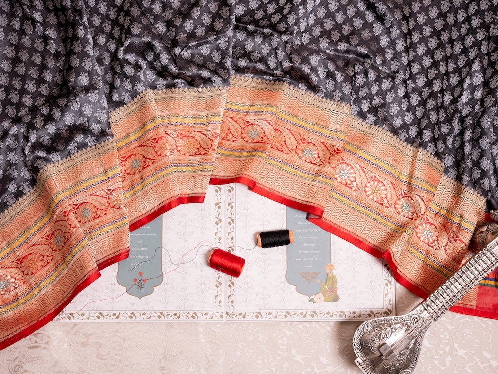 Black Banarasi Silk Saree with multicolour Border