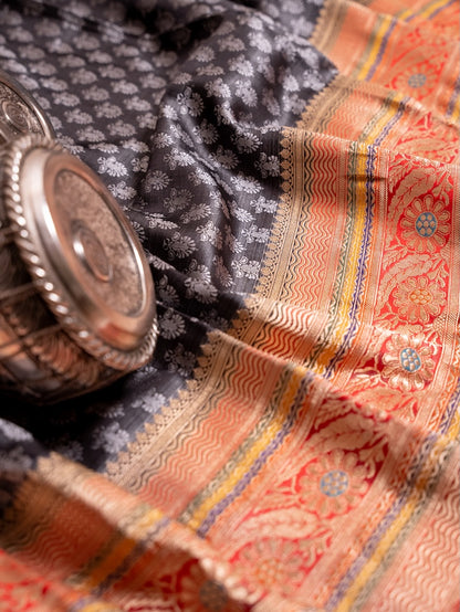 Black Banarasi Silk Saree with multicolour Border