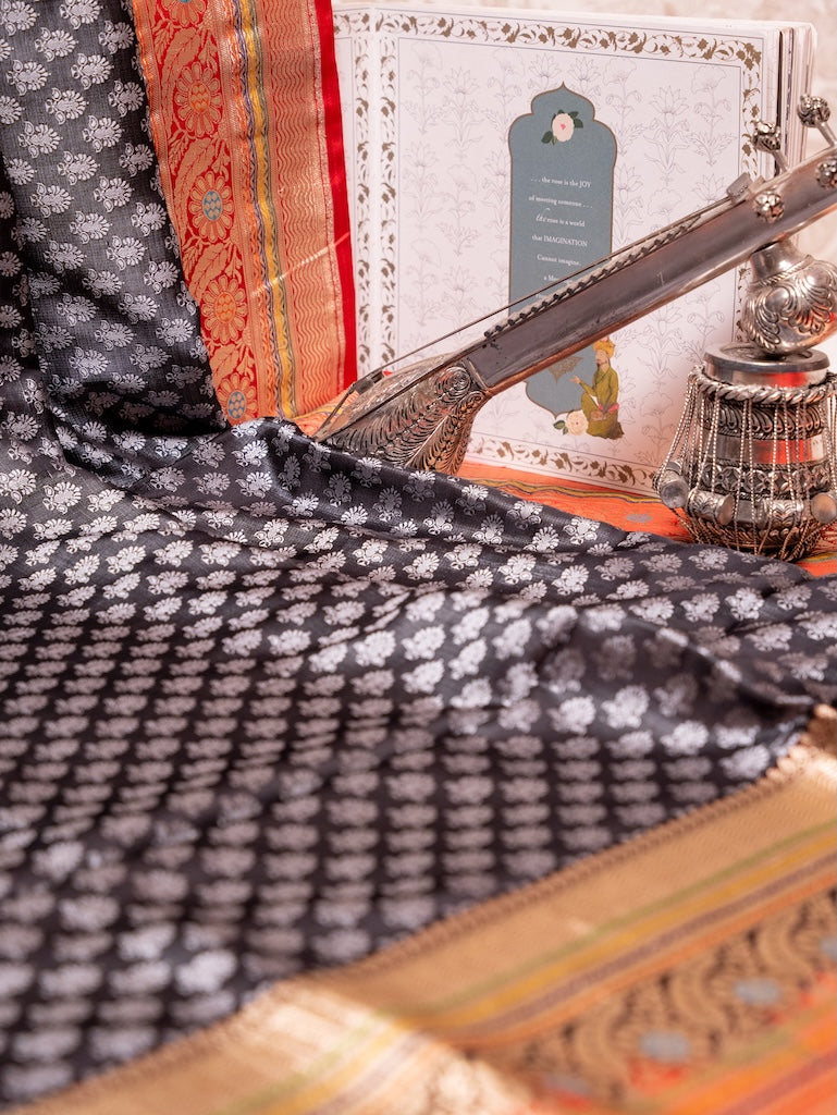 Black Banarasi Silk Saree with multicolour Border