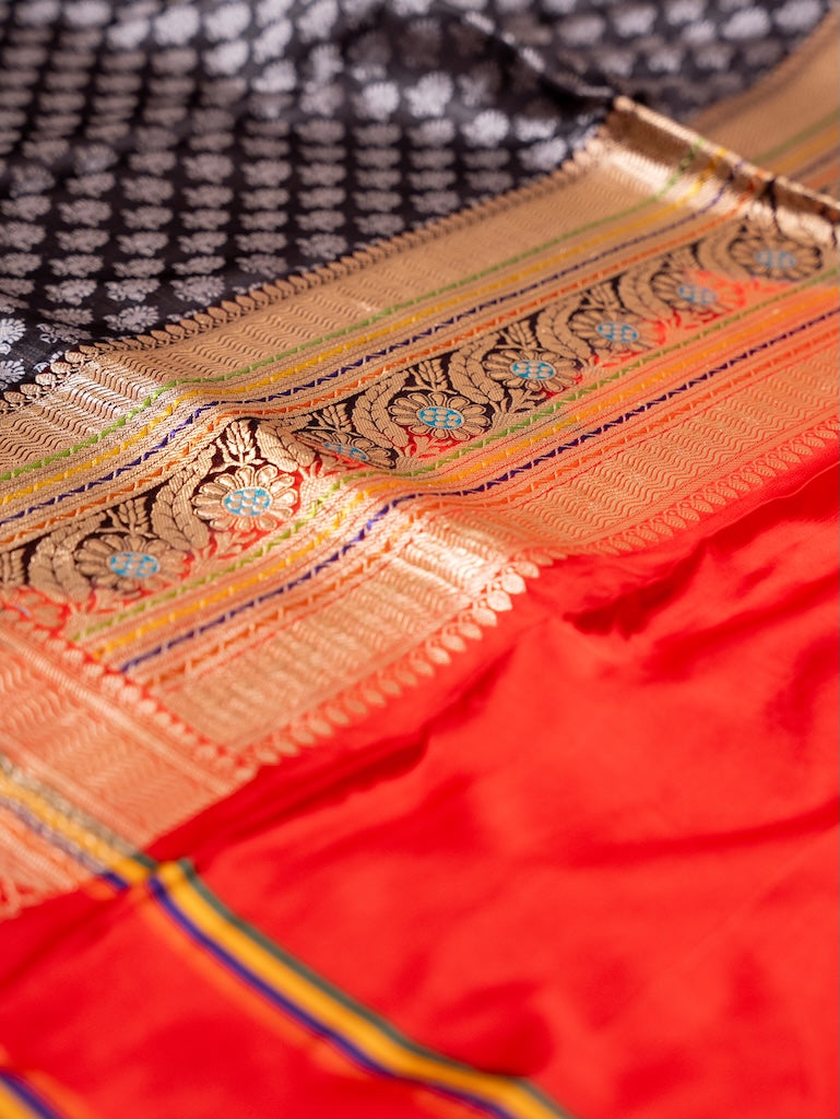 Black Banarasi Silk Saree with multicolour Border