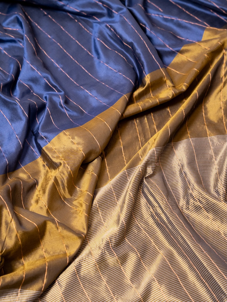 Verdant Stripes – Olive & Blue Soft Silk Saree