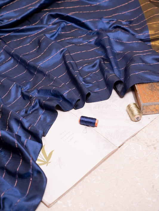 Verdant Stripes – Olive & Blue Soft Silk Saree