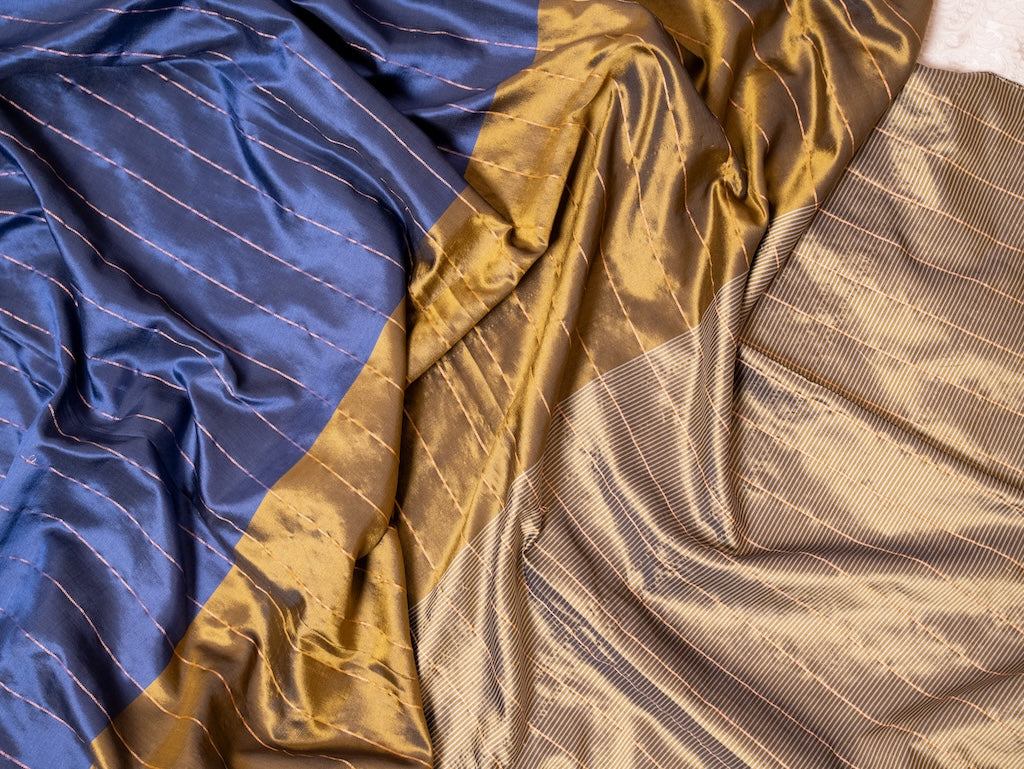 Verdant Stripes – Olive & Blue Soft Silk Saree