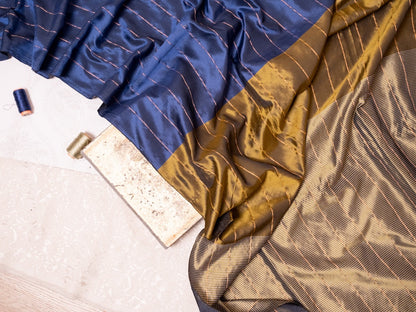 Verdant Stripes – Olive & Blue Soft Silk Saree