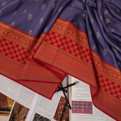 Denim Blue Banarasi Ektara Silk Saree with Jamdani Floral Booties