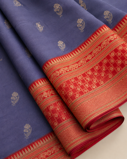 Denim Blue Banarasi Ektara Silk Saree with Jamdani Floral Booties