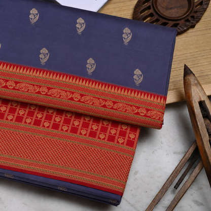 Denim Blue Banarasi Ektara Silk Saree with Jamdani Floral Booties