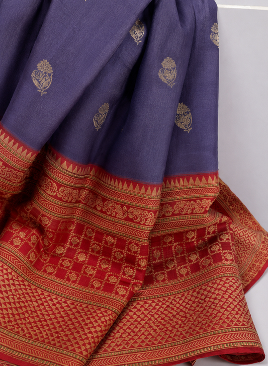 Denim Blue Banarasi Ektara Silk Saree with Jamdani Floral Booties