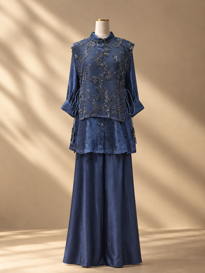 Navy Blue Embellished Shirt Tunic with Wide-Leg Palazzo Pants – Designer Co-Ord Set