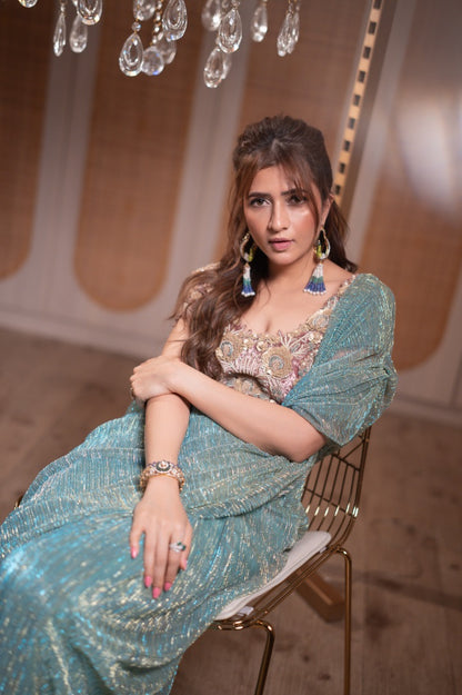 Celeste Aqua Shimmer Saree with Separate Embroidered Blouse