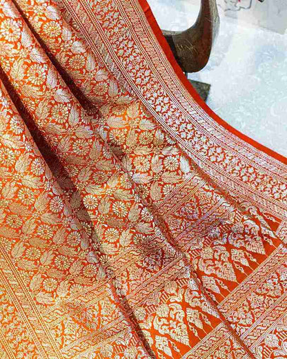 Handwoven Rust Orange Banarasi Brocade Saree