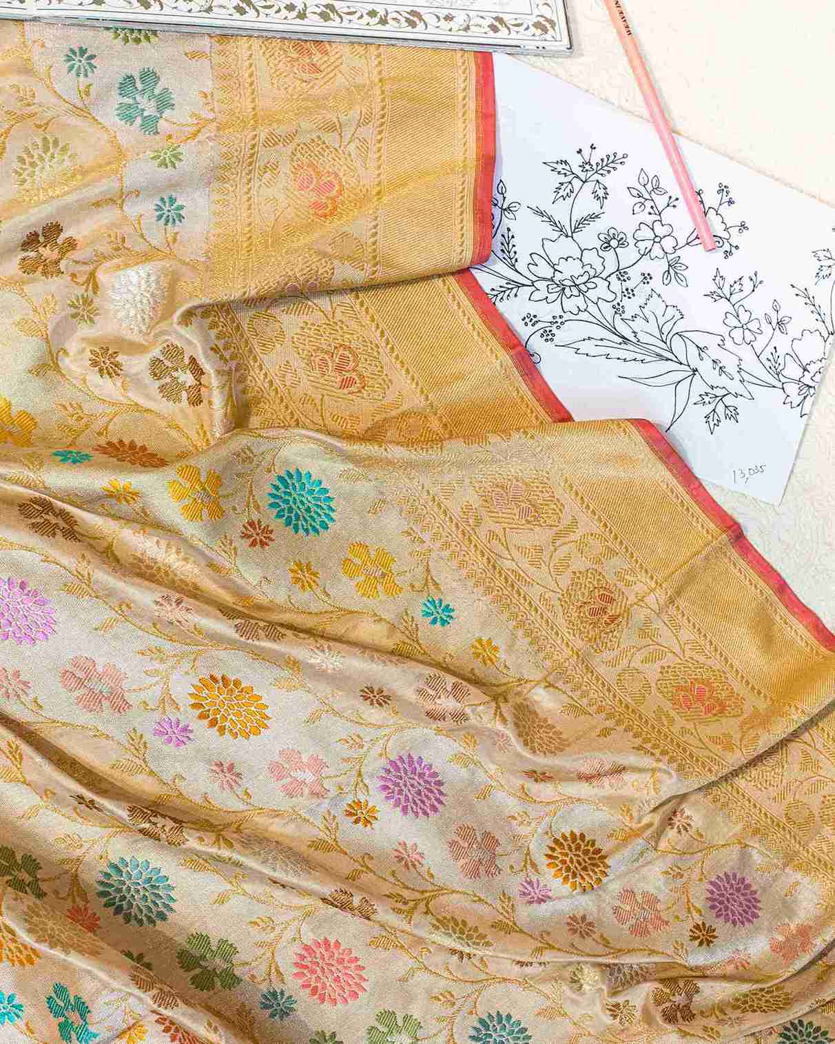 Ecru Banarasi Rangkat Handwoven Silk Saree with Gold Zari